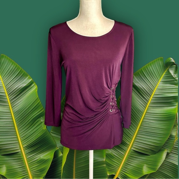 NWOT Calvin Klein ‘3/4 Sleeve Ruched Lace Up Detail Pullover Blouse’ Purple Sz S - Picture 1 of 11